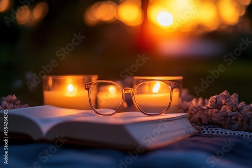 warm candle light with glasses and books at sunset.