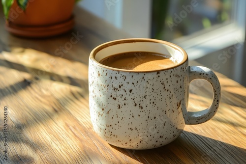warm coffee in speckled mug on wooden table in sunlight.