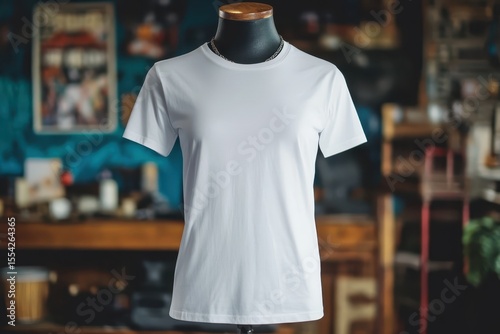 white blank t-shirt on mannequin torso with necklace.