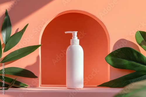 white body wash bottle on minimal pink and orange arch backdrop with soft sunlight and green leaves.