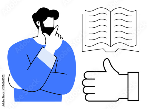 Thoughtful person in blue pondering with an open book and thumbs-up gesture. Ideal for education, decision-making, learning, approval, self-reflection, reading habits, simple landing page