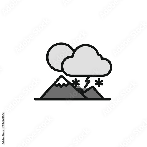 Severe weather warning icon: Thunderstorm and snow on mountain.