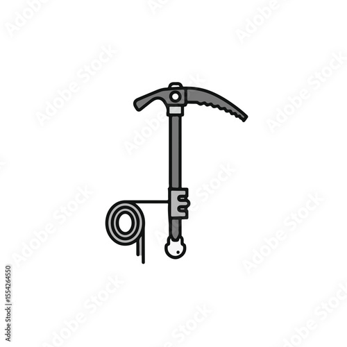 An ice axe with climbing rope, essential tools for mountaineering.