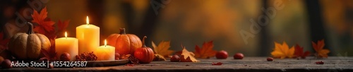 Cozy autumn scene with flickering candlelight illuminating warm-toned seasonal decorations Perfect for Thanksgiving, fall, or harvest themes , wood, glow, branches