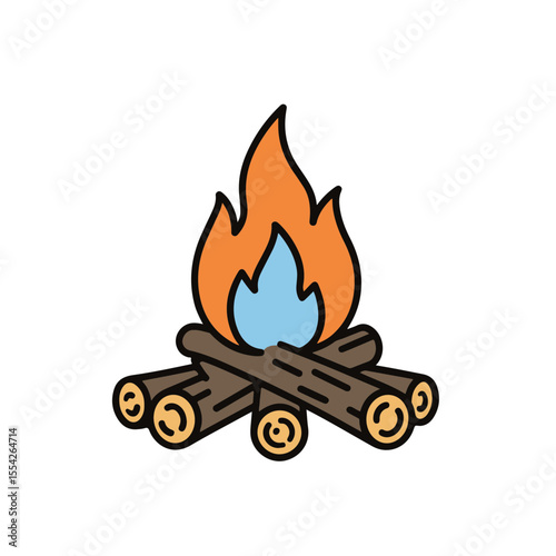 Campfire burning brightly with stylized flame illustration.