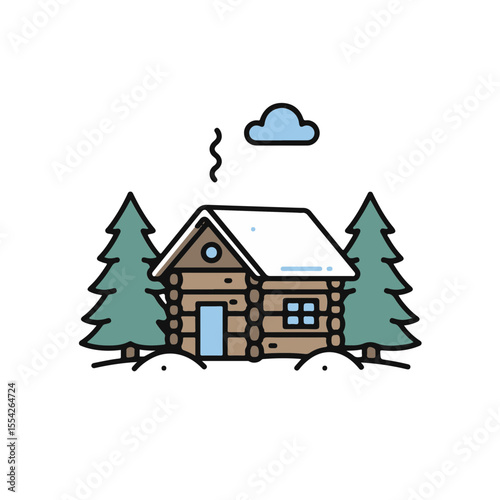 A charming illustration of a snow-covered cabin nestled amongst evergreen trees.