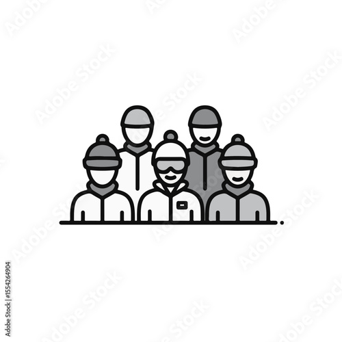Illustration of a team of people with winter sport clothing, ready for cold weather activities.