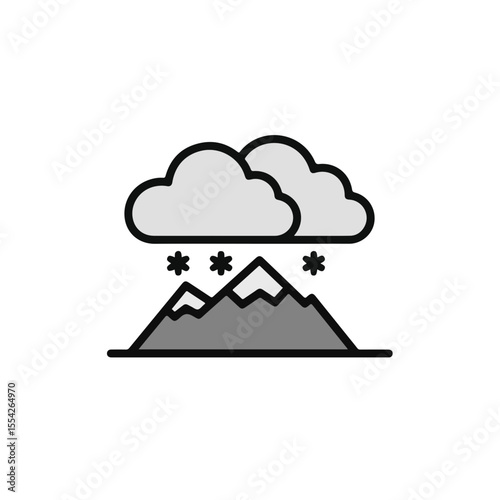 Snowy mountains with clouds and snowflakes.