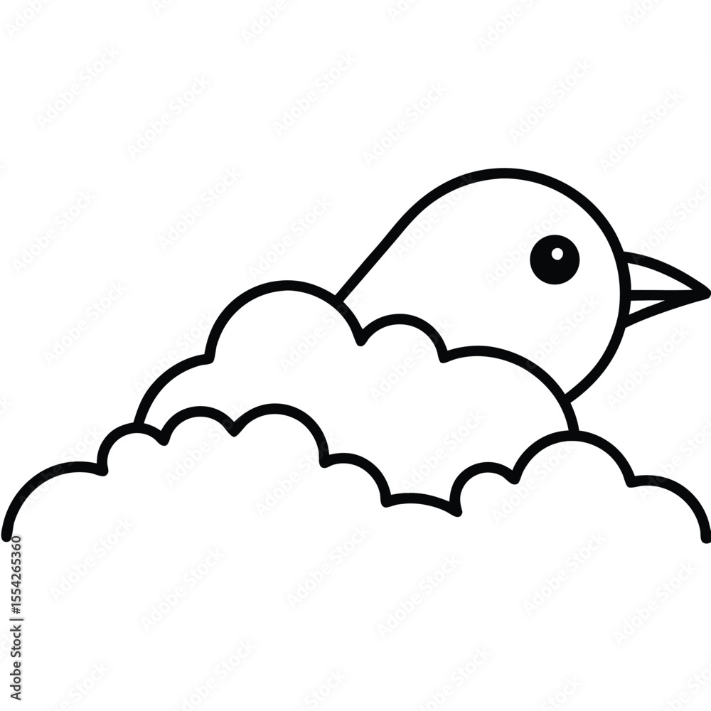 Obraz premium Cute cartoon bird peeking out from behind fluffy white clouds in a simple line drawing