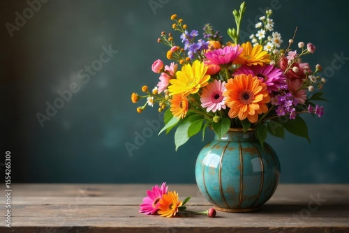 Elegant decorative vase filled with vibrant, colorful wildflowers, sitting on a rustic wooden table Perfect for home decor, spring, summer, and floral themes , flowers, botanical