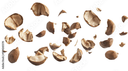 Raw Macadamia Nuts With Shells Floating Against Transparent Background for Culinary Purposes