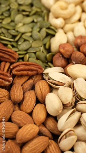 Different types healthy snack nuts and pumpkin seeds top view, rotation