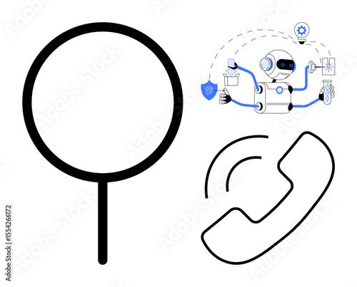 AI robot multitasking with communication, analysis, and management tools, surrounded by symbols of phone call and search. Ideal for automation, AI, technology, customer service, data management