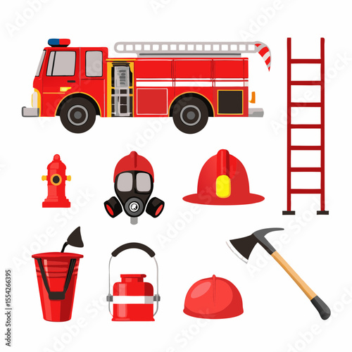 Collection of firefighter equipment and fire truck illustration