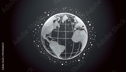 Minimalist vector illustration of Earth made of white dots (dot matrix) on black background, conveying the concept of digital world, global technology.