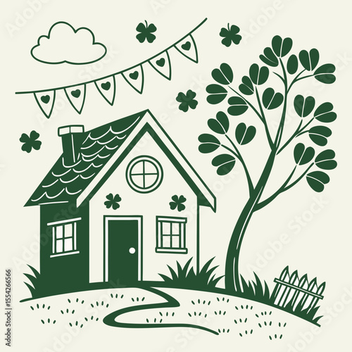 Charming green house with shamrock decorations and festive bunting