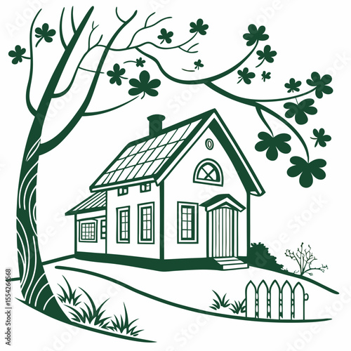 Charming green house nestled under a leafy tree on a hill