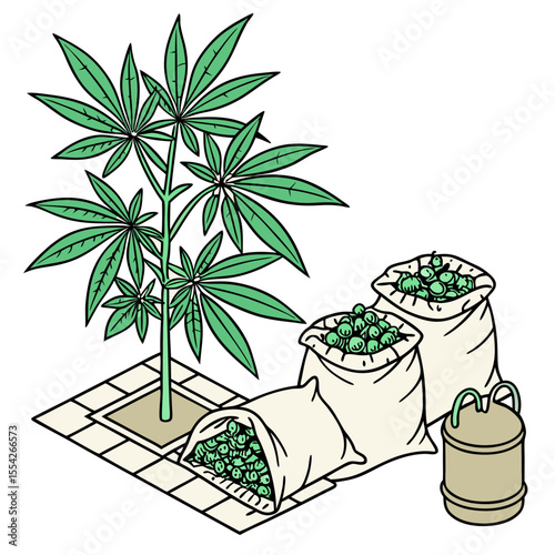 Cannabis plant with harvested buds in sacks and a processing container