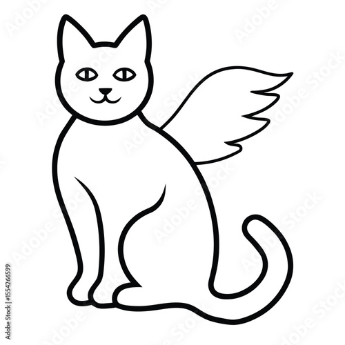 Simple line drawing of a cute winged cat sitting and looking forward