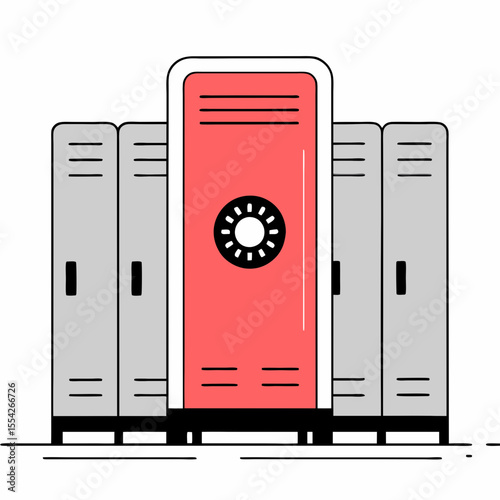 Row of school lockers with a central red locker featuring a dial lock