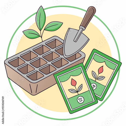 Gardening supplies for starting seeds indoors with a trowel and seed packets