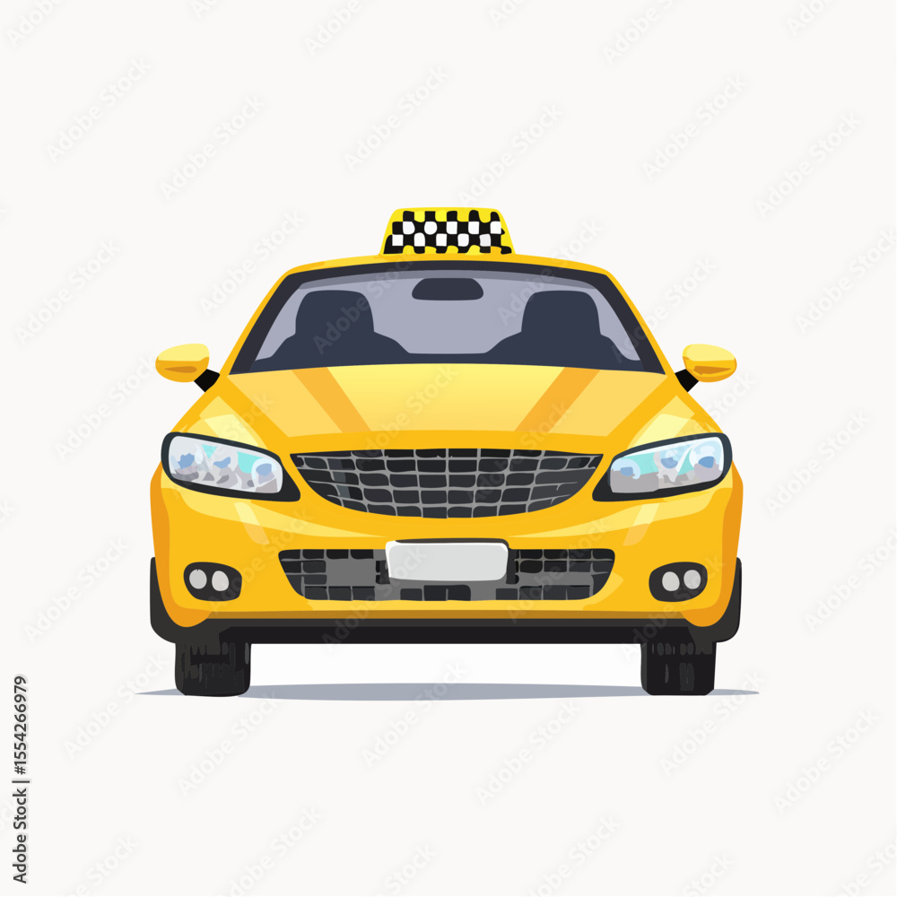 Yellow Taxi: An illustrative front view showcases a classic yellow taxi, adorned with its iconic checkered roof light, ready to transport passengers Yellow Taxi: An illustrative front view showcases a classic yellow taxi, adorned with its iconic checkered roof light, ready to transport passengers