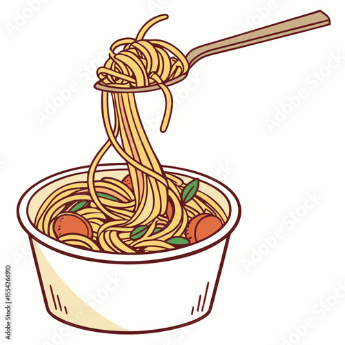 Delicious spaghetti and meatballs being lifted from a bowl with a fork
