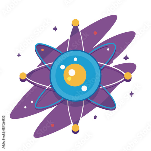 Stylized atom model with purple orbital paths and stars