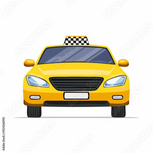 Yellow Cab Ready for Service: A vibrant yellow taxi with a checkered roof light sits ready for hire, showcasing a classic symbol of urban transport.