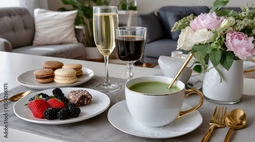 Traditional matcha is combined with desserts in the European style: macaroons and truffles