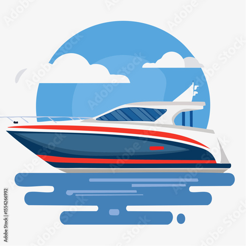 Luxurious Yacht on Open Waters: A sleek, modern yacht glides effortlessly across the tranquil sea beneath a clear, sunny sky, embodying leisure and nautical elegance.