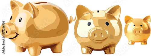 single gold ceramic piggy bank isolated on white background
