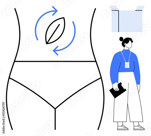 Female body outline with directional arrows on abdomen, open box, researcher holding document. Ideal for anatomy, wellness, healthcare, research, education, medical studies simple flat metaphor