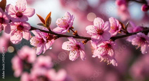 Delicate Pink Cherry Blossom Flowers Blooming on a Branch in Springtime Sunlight