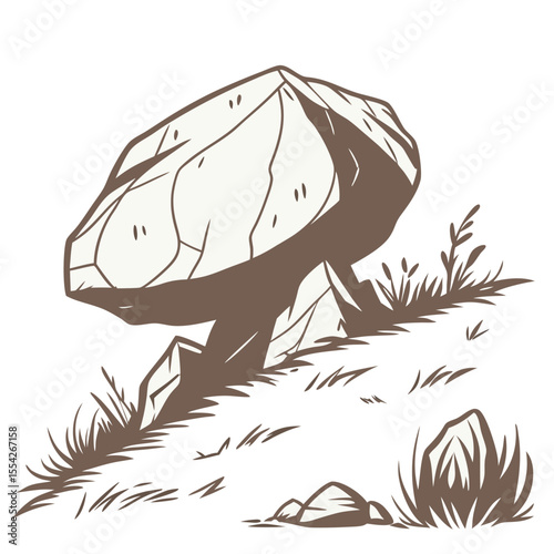 Stylized illustration of a large rock supported by smaller stones in grassy terrain