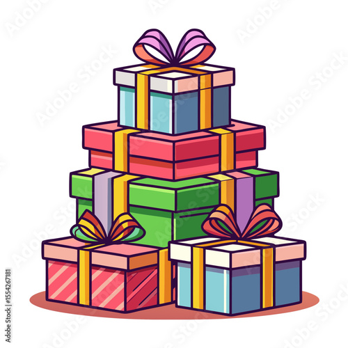 Colorful stack of wrapped gift boxes with ribbons and bows