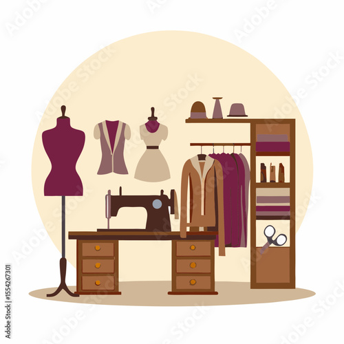 A tailor s workspace featuring a sewing machine mannequins and clothing on a rack