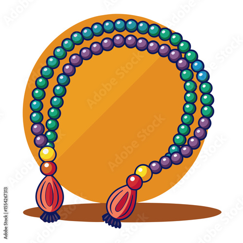 Colorful prayer beads with tassels on an orange circle background