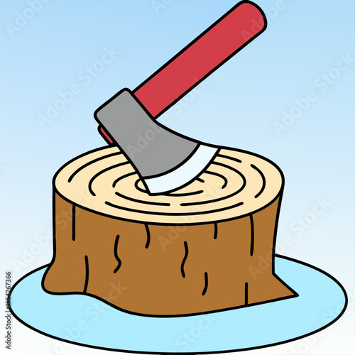 An axe embedded in a wooden chopping block against a blue sky
