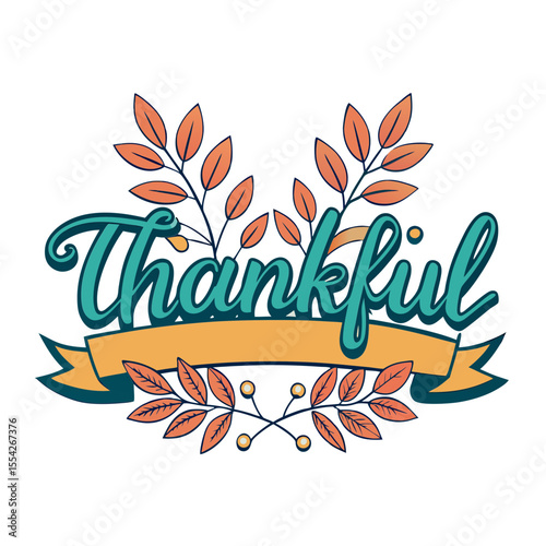 Elegant thankful typography with autumnal leaf accents