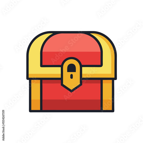 A stylized red and gold treasure chest with a lock and outline