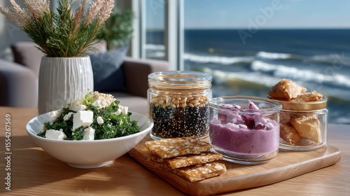 Transparent containers made of pressed algae filled with quinoa, avocado and pomegranate