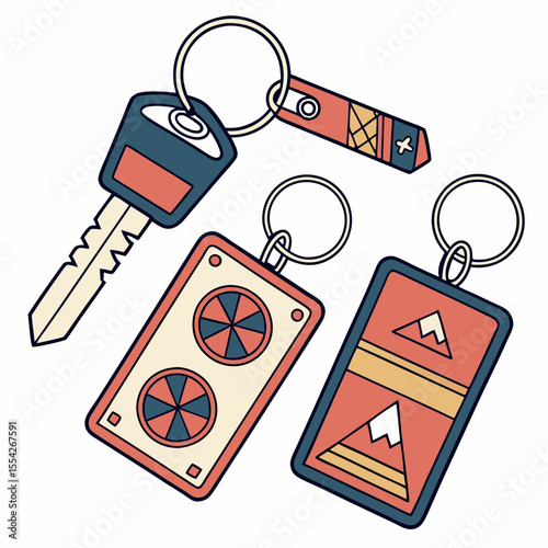Retro style keys and decorative keychains with mountain and geometric designs