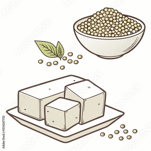 Delicious tofu cubes and soybeans with fresh green leaves illustration