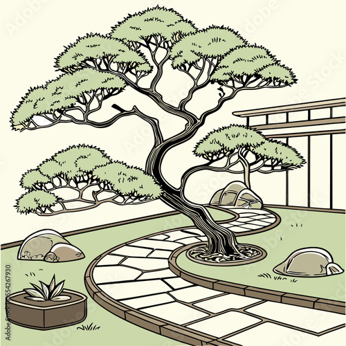 Stylized japanese garden with a twisted pine tree and stone path