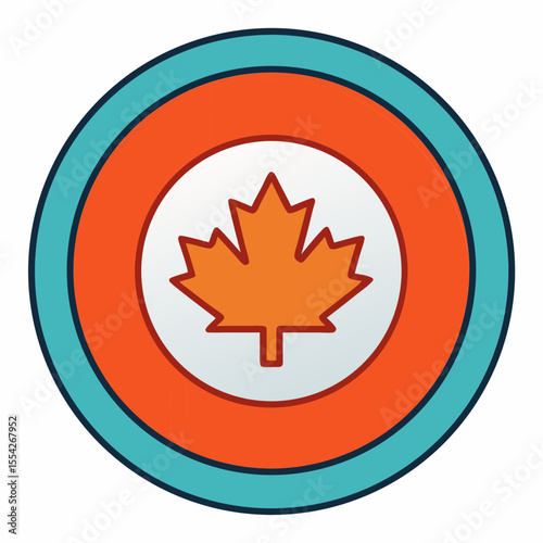 Canadian maple leaf emblem with orange and teal circular design