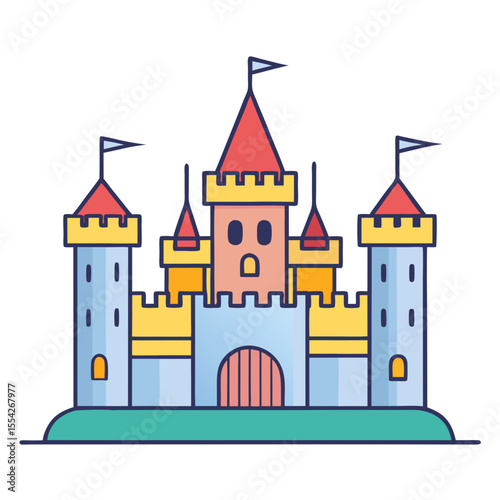 Colorful cartoon castle with multiple towers and flags on a green base