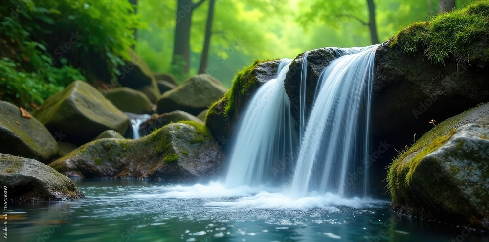 Obraz premium Serene waterfall cascading over mossy rocks, creating a tranquil and peaceful atmosphere perfect for relaxation and meditation The misty spray adds to the calming ambiance , water, quiet, landscape