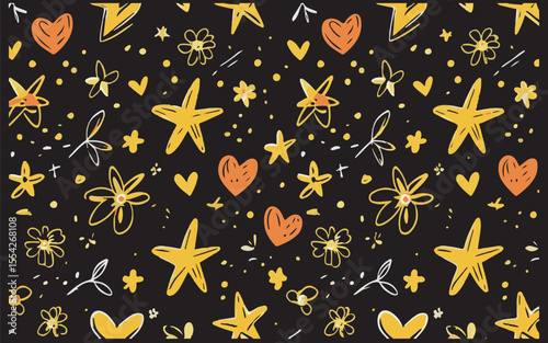 Hand-Drawn Stars, Hearts, and Flowers on Black Background