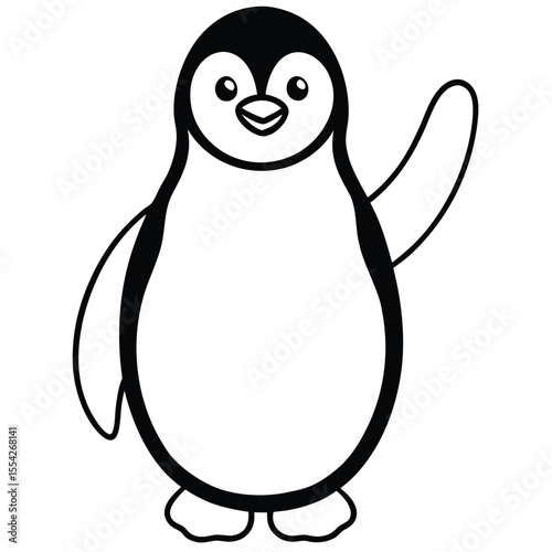 Cute cartoon penguin waving hello with its flipper on a white background